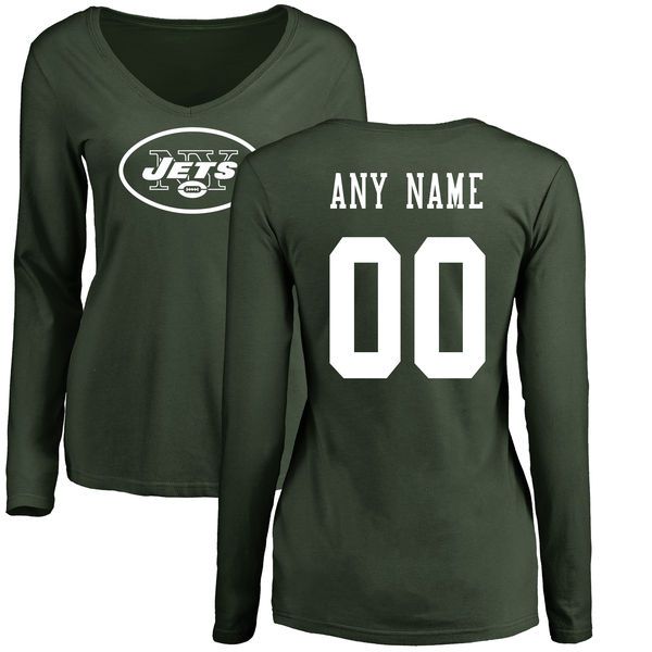 Women New York Jets NFL Pro Line Green Custom Name and Number Logo Slim Fit Long Sleeve T-Shirt